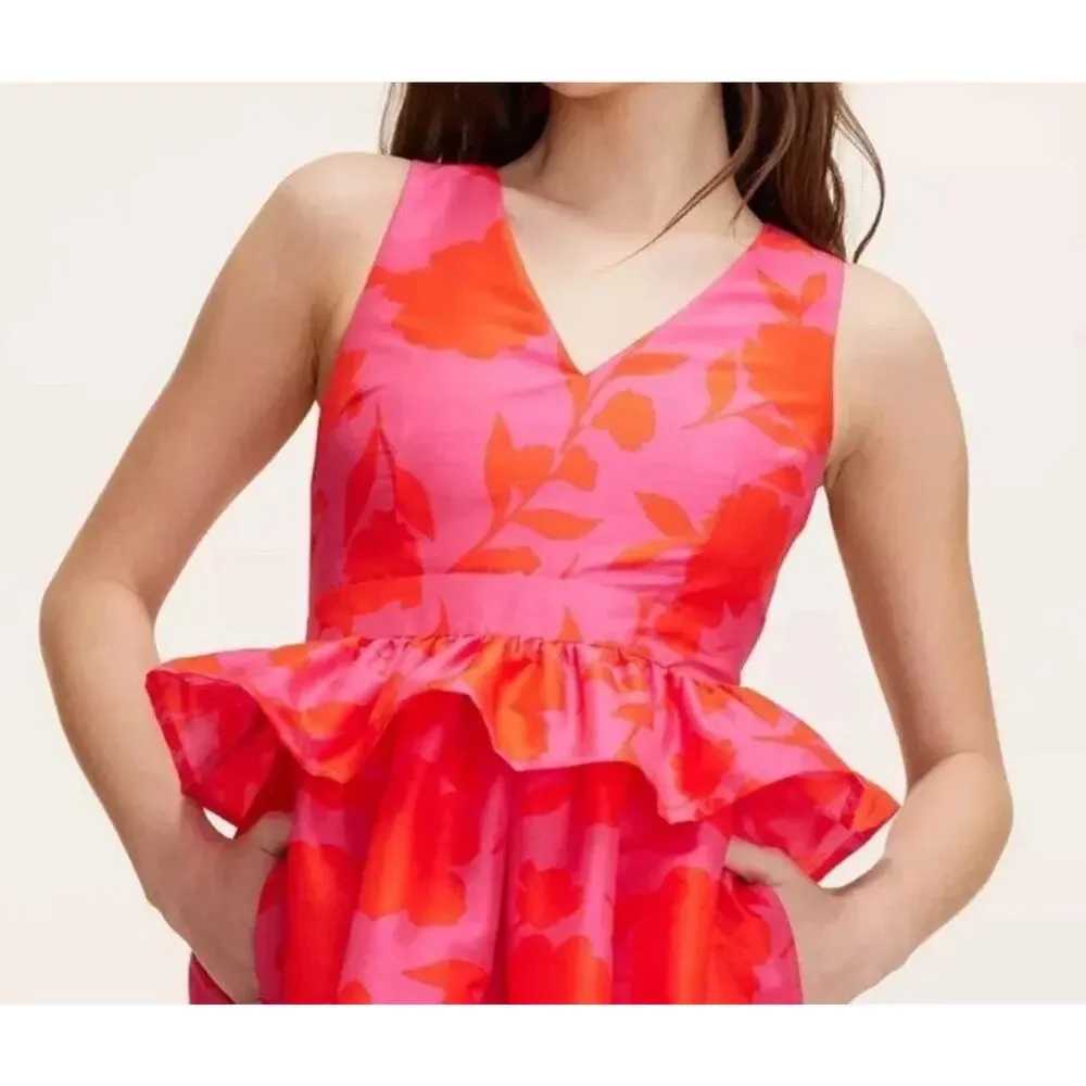 Kate Spade New York NWT Floral Jacquard Midi Dress 17 Pink Red Ruffle Waist - Picture 5 of 10